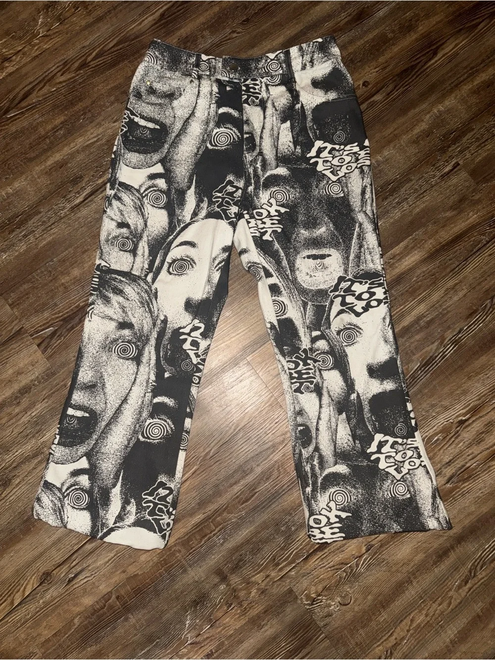 Graphic Face Print Wide Leg Pants - Black & White